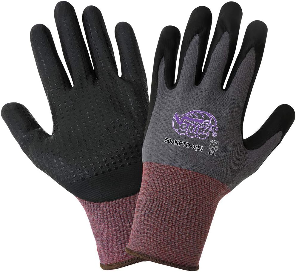 Global Glove 500NFTD Tsunami Grip Nitrile Glove with Nitrile Dots On Nylon Shell, Work, Small, Gray/Black (Case of 72)