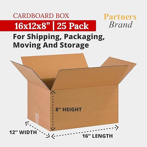 Miniatura 2 de Partners Brand Cajas de cartón corrugado de 16 x 12 x 8 pulgadas, 16 pulgadas de largo x 12 pulgadas de ancho x 8 pulgadas de alto, paquete de 25