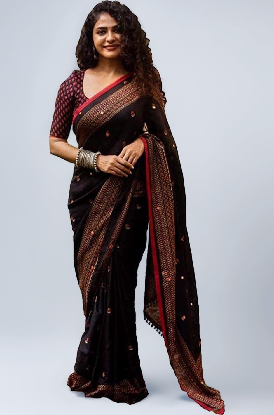 Pandadi Saree Women's Black Jute Silk Saree with Exquisite Embroidery and Mirror Work
