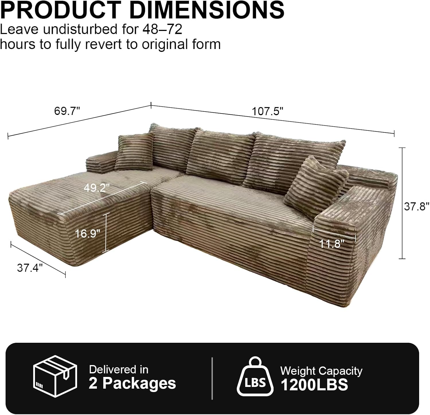 Rovibek 107.5” Boneless Couches for Living Room, Brown Couch with Chaise, Modular Sectional Sofa with Throw Pillow & Deep Seat, No Assembly Required Compressed Sofa