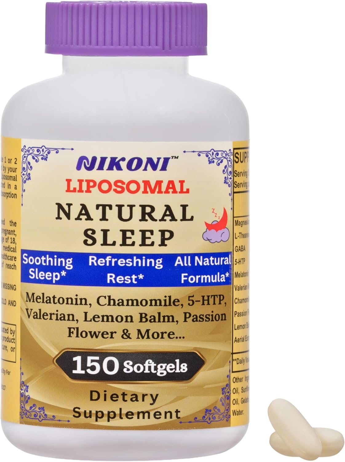 Nikoni Liposomal Natural Sleep Aid Supplement, Supports Natural and Soothing Sleep -150 Softgels
