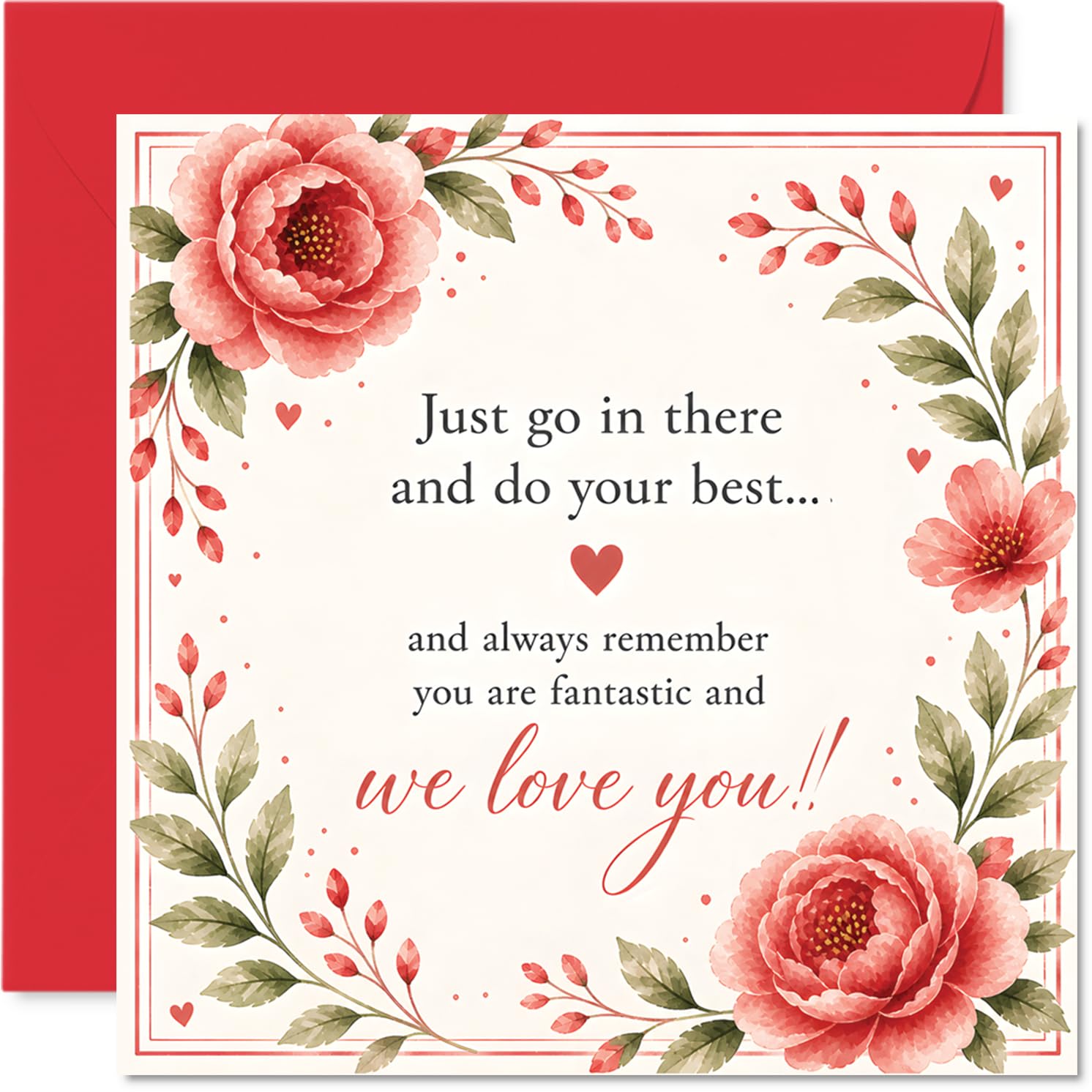 Heartfelt Good Luck Card - A Big Boost of Encouragement - Cheerful Flowers and Hearts Design in Pink and Red - 145mm Square, Envelope Included
