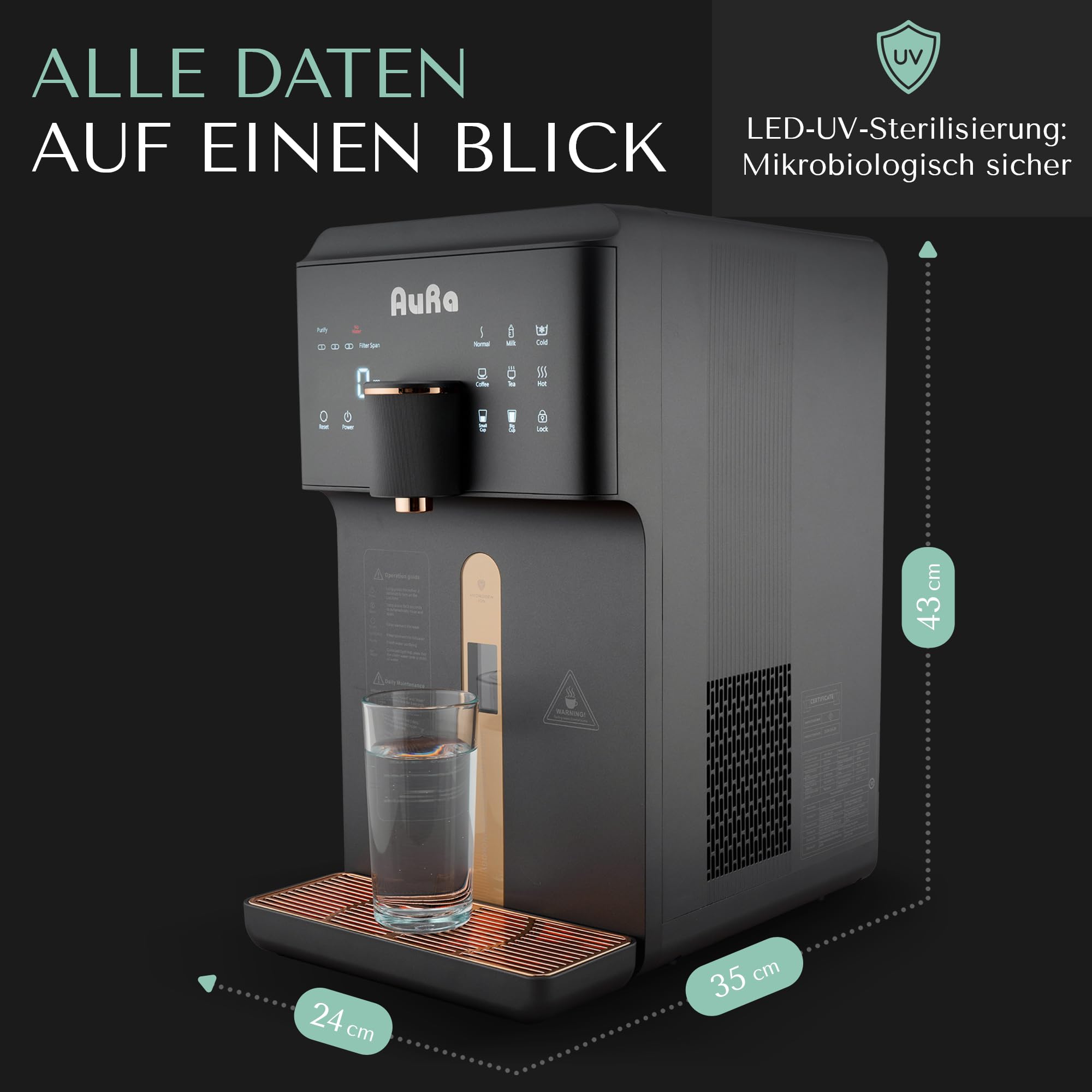 AuRa Osmoseanlage Trinkwasser [Ohne Tank] - Platzsparender Wasserfilter für reines Wasser, Heißwasserspender, Wasserstoff-Wasser Spender, Umkehrosmoseanlage, Osmose-Wasserspender für Zuhause