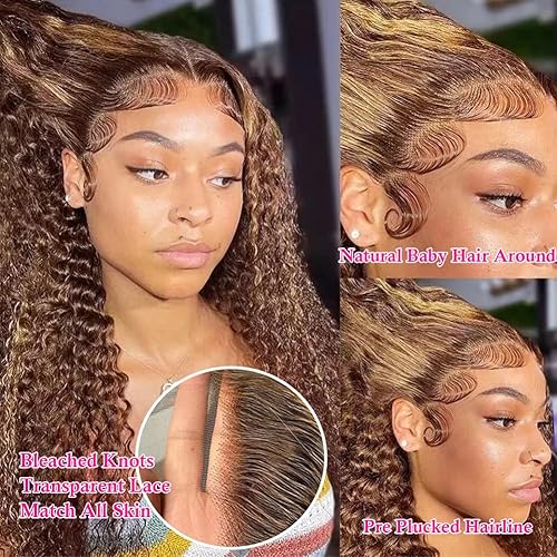 Miniatura 9 de Pizazz Pelucas de cabello natural brasileño con encaje frontal transparente 13 x 4 y cabello de bebé, nudos decolorados, 180% de densidad, con ondas