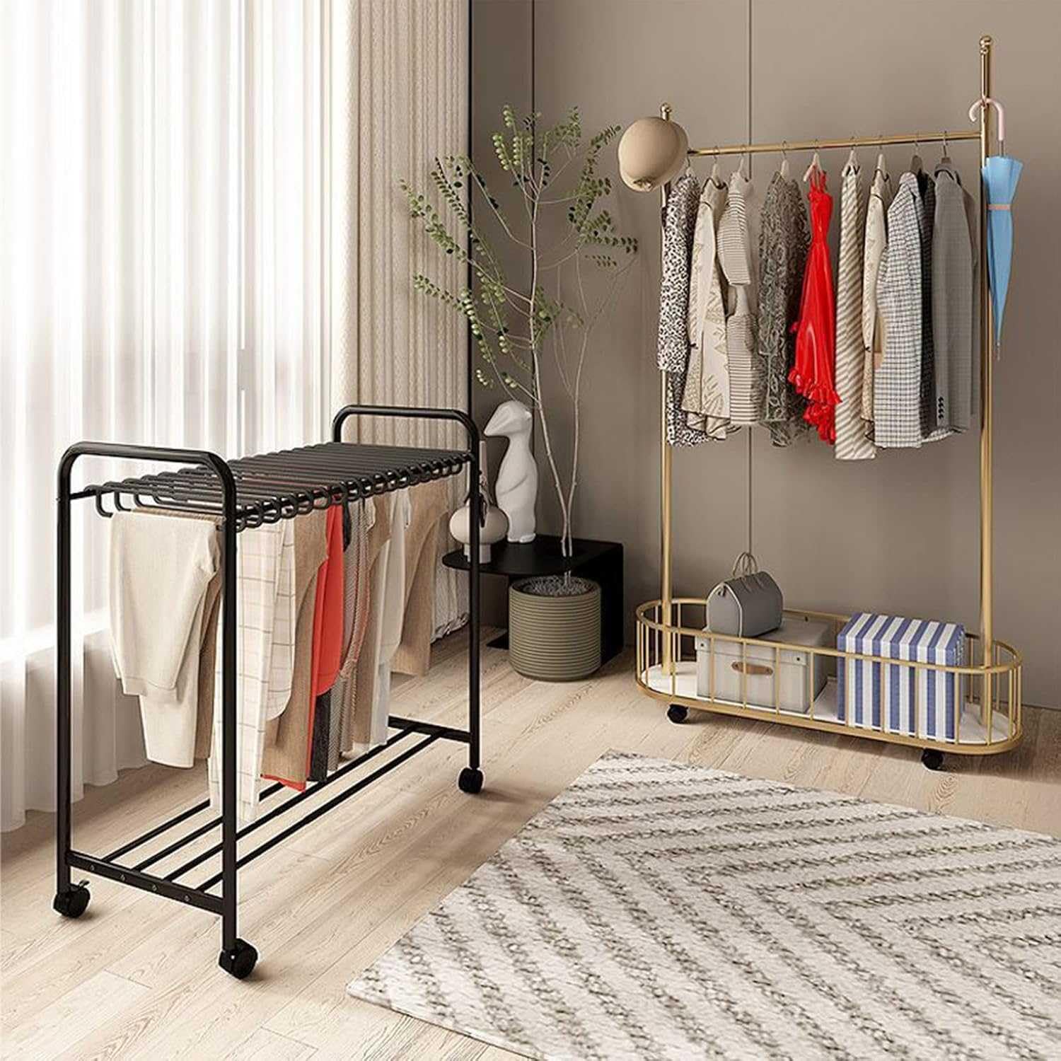Telescopic Pants Rack with Hangers and Wheel, Multi-Functional Trouser Display Stand for Space Saving Closet Organization
