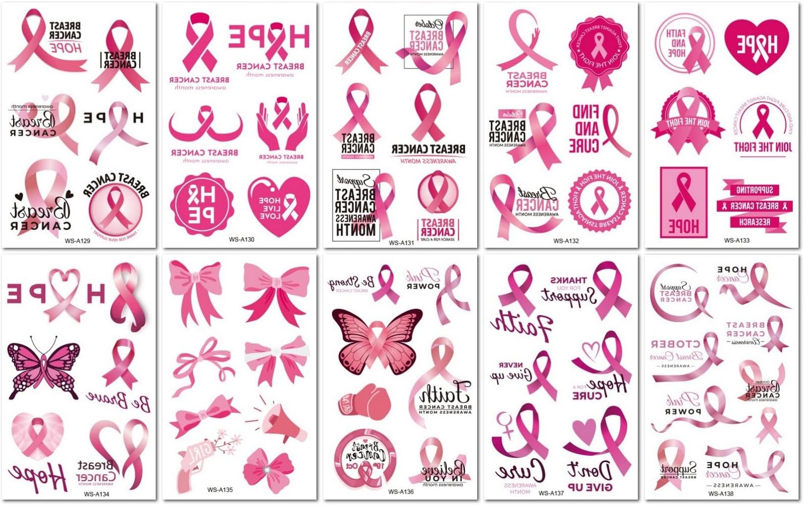 10 Sheets Pink Ribbon Bow Temporary Tattoo Stickers For Women'S Breast Health Awareness Day