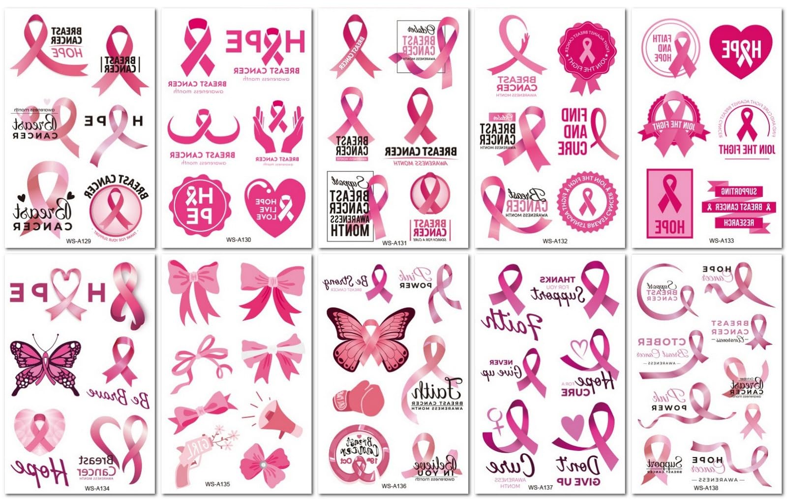 10 Sheets Pink Ribbon Bow Temporary Tattoo Stickers For Women'S Breast Health Awareness Day