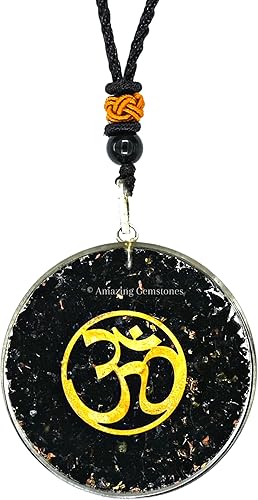 Amazing Gemstone Shungite Round Orgonite Pendant Necklace for Protection - Powerful Orgone Pendant for Men, Women and Kids (OM)