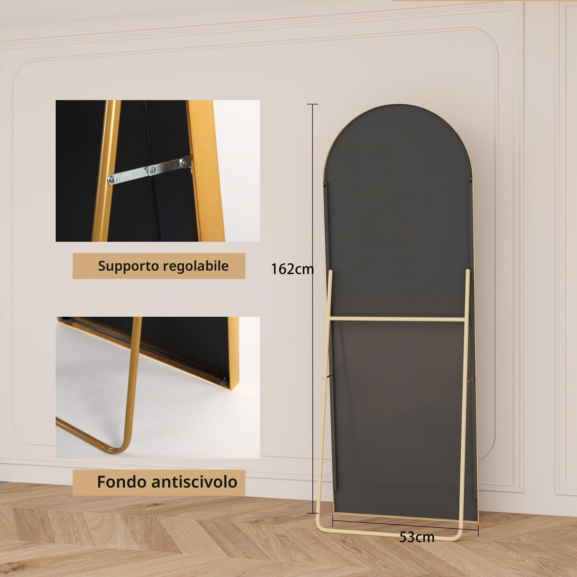 Specchio Curvo 162x53 cm, Minimalista con Piedi, Grande Specchio da Terra a Figura Intera, Bombato e Sospeso, Ellittico, per Camera da Letto Soggiorno Ingresso, Dorato