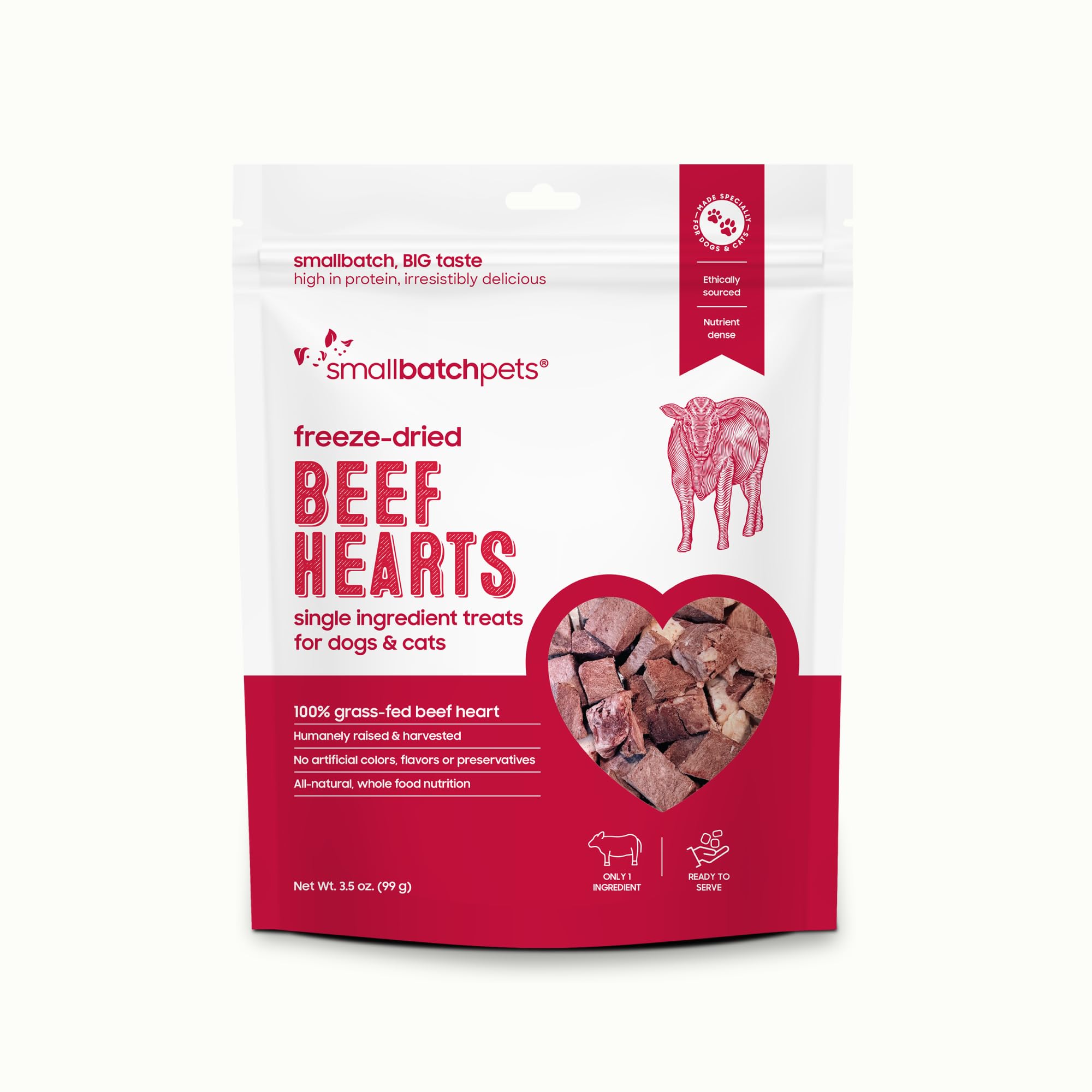 smallbatch Pets Premium Freeze-Dried Beef Heart Treats for Dogs and Cats, 3.5 oz, Made and Sourced in The USA, Single Ingredient, Humanely Raise Meat, No Preservatives or Anything Artificial Ever
