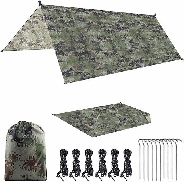 ZJZ Camping Tarp 300 x 300cm Waterproof Windproof Hammock Rain Fly Tent Tarp Portable Tarpaulins Camo Tarp Camping Shelter (Including a Tent Mat), for Outdoor Fishing Camping Hiking