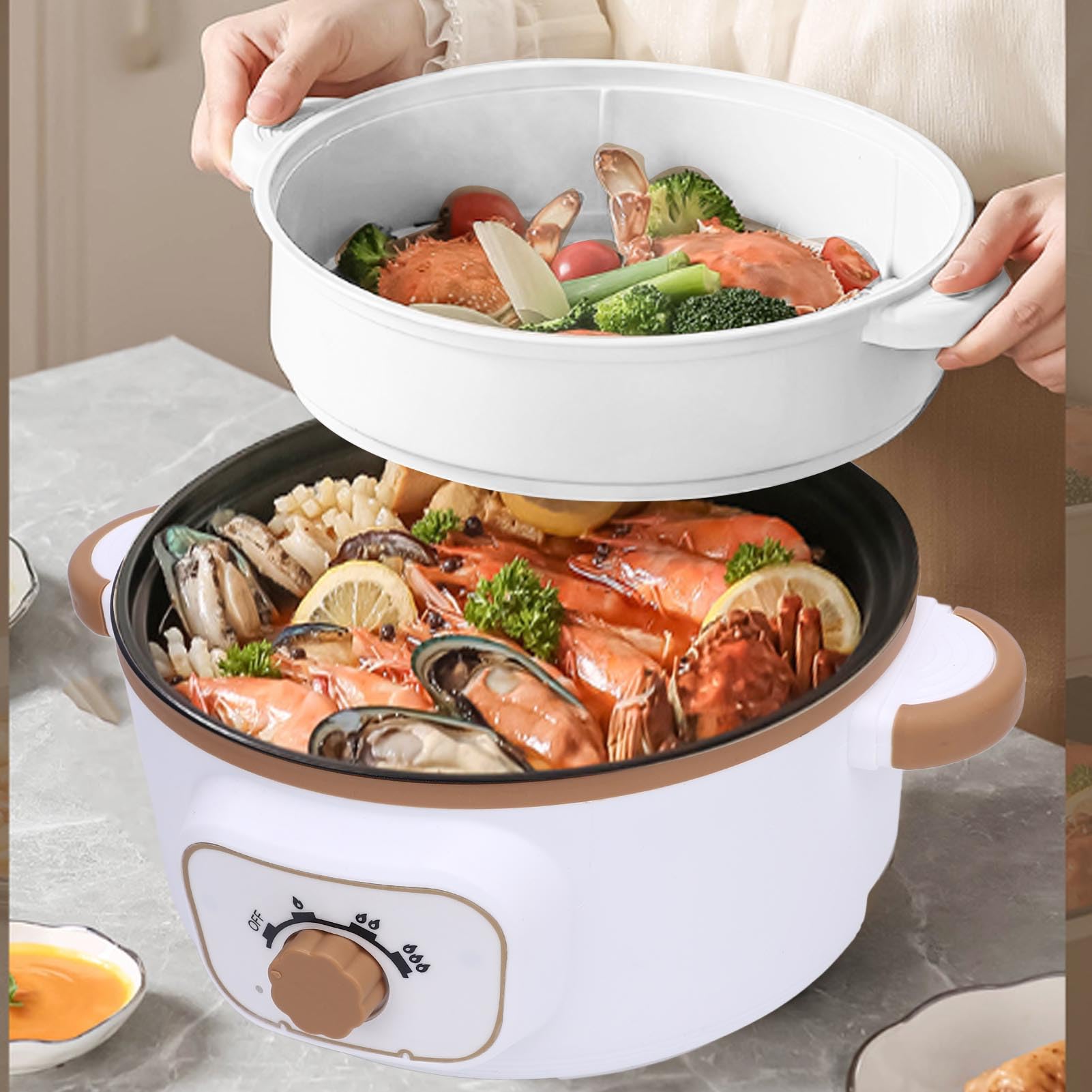 3.6L Electric Hot Pot Multifunctional, 1000W Nonstick Coating Electric Pot with Steaming Basket, Ramen Cooker, Portable Travel Cooker for Cooking, Stewing and Steaming (US)