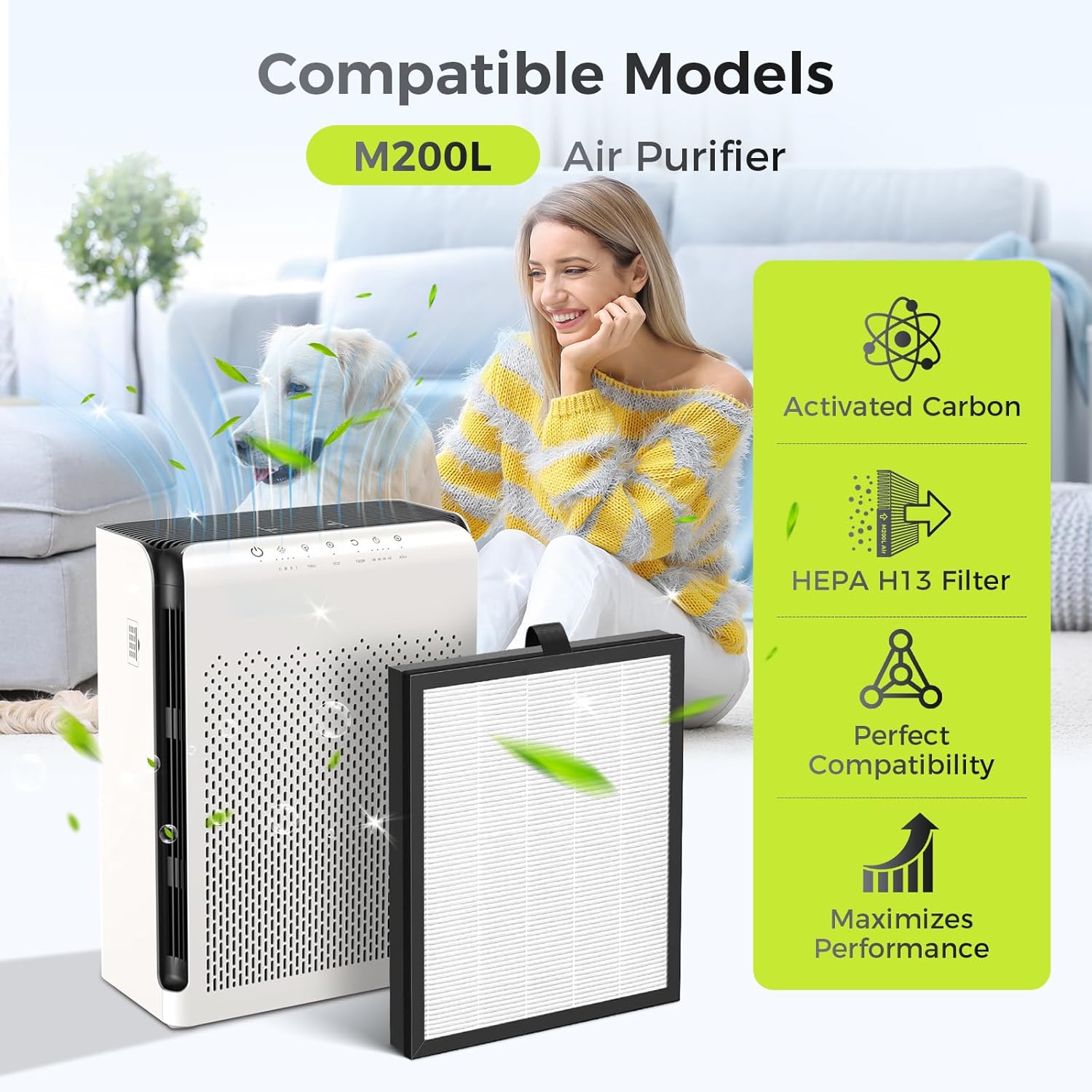 M200L Replacement Filter Compatible with MOOKA M200L Air Purifier, 3-in-1 HEPA Activated Carbon Replacement Filter for Home Office Bedroom, M200L HEPA Air Filter Cleaner for Pet Hair, 2 Pack