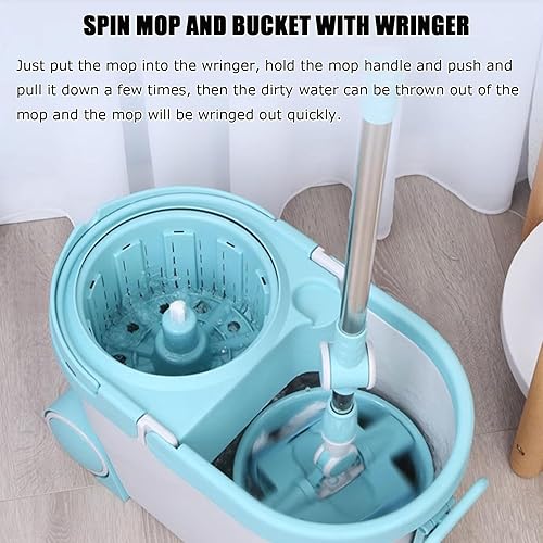 Miniatura 2 de Cubo de trapeador giratorio 360 Sistema de limpieza de piso giratorio con cabezal de fregona de piso plano y cabezal de trapeador redondo, mango