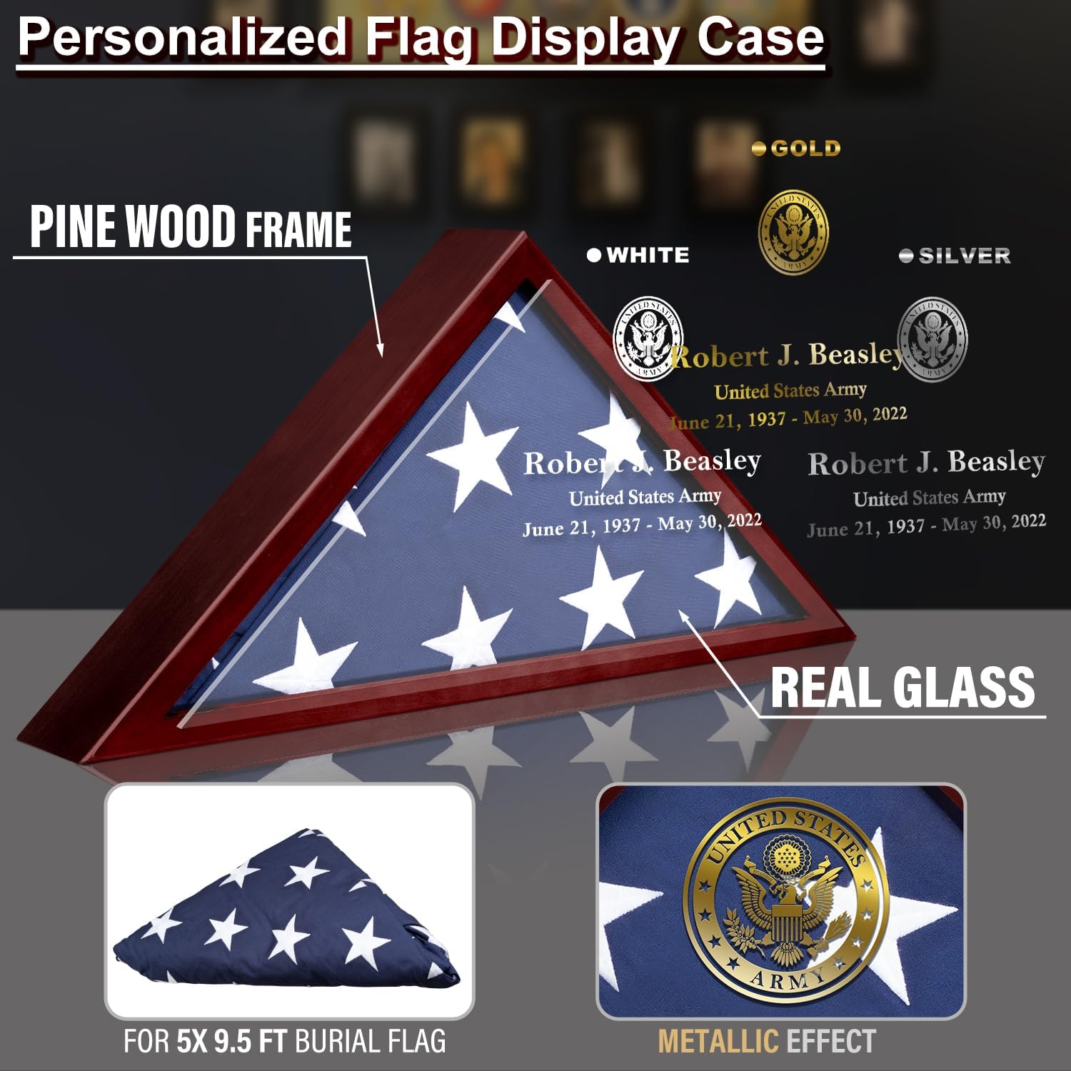 Customized Flag Shadow Case for Burial Flag 5' x 9.5' American Veteran Flag Display Box Solid Wood and Glass Front Flag Box with Personalized Name for Wall Mount or Standing Display Memorial Gift