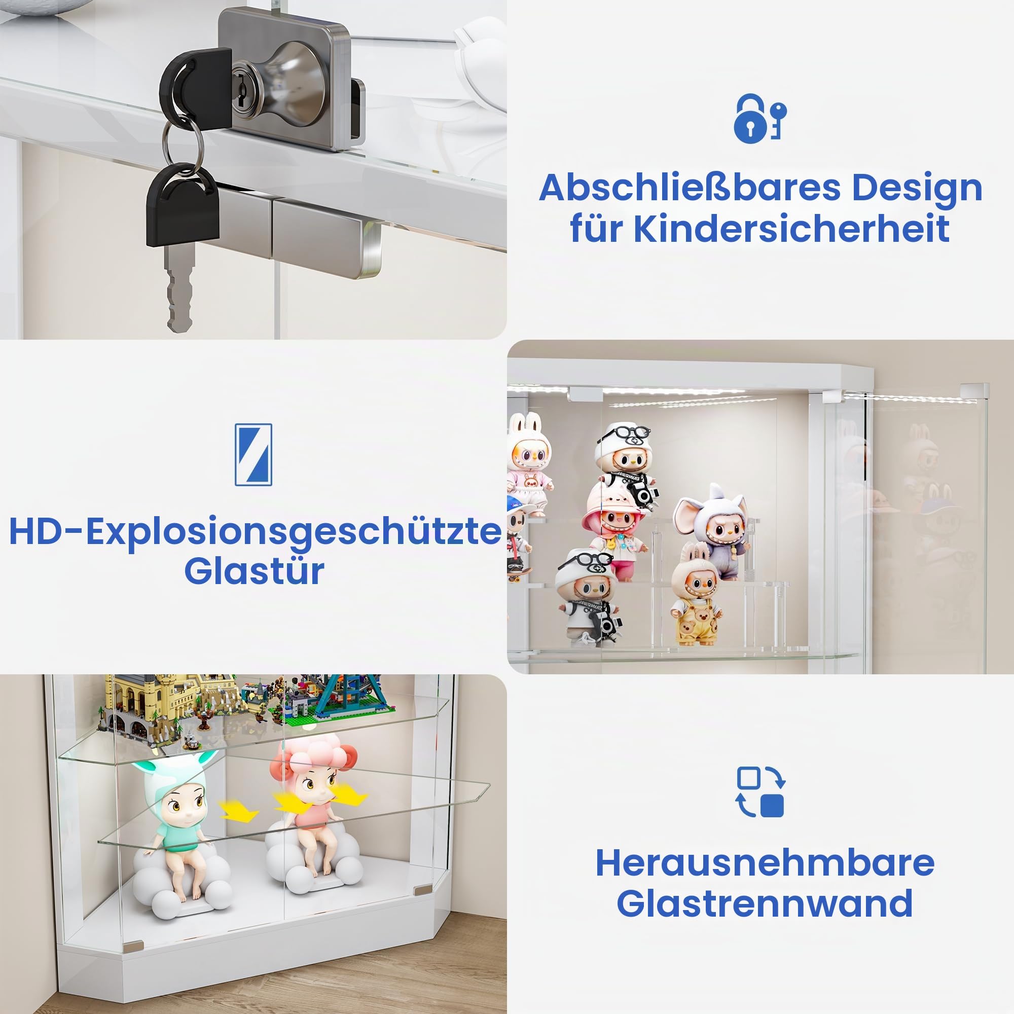 Lvifur 175cm 5-Lagen Eckvitrine mit Menschlicher Sensor & Glastüren,Weiß | Glasvitrine mit LED Beleuchtung für Sammlervitrine und Wohnzimmer