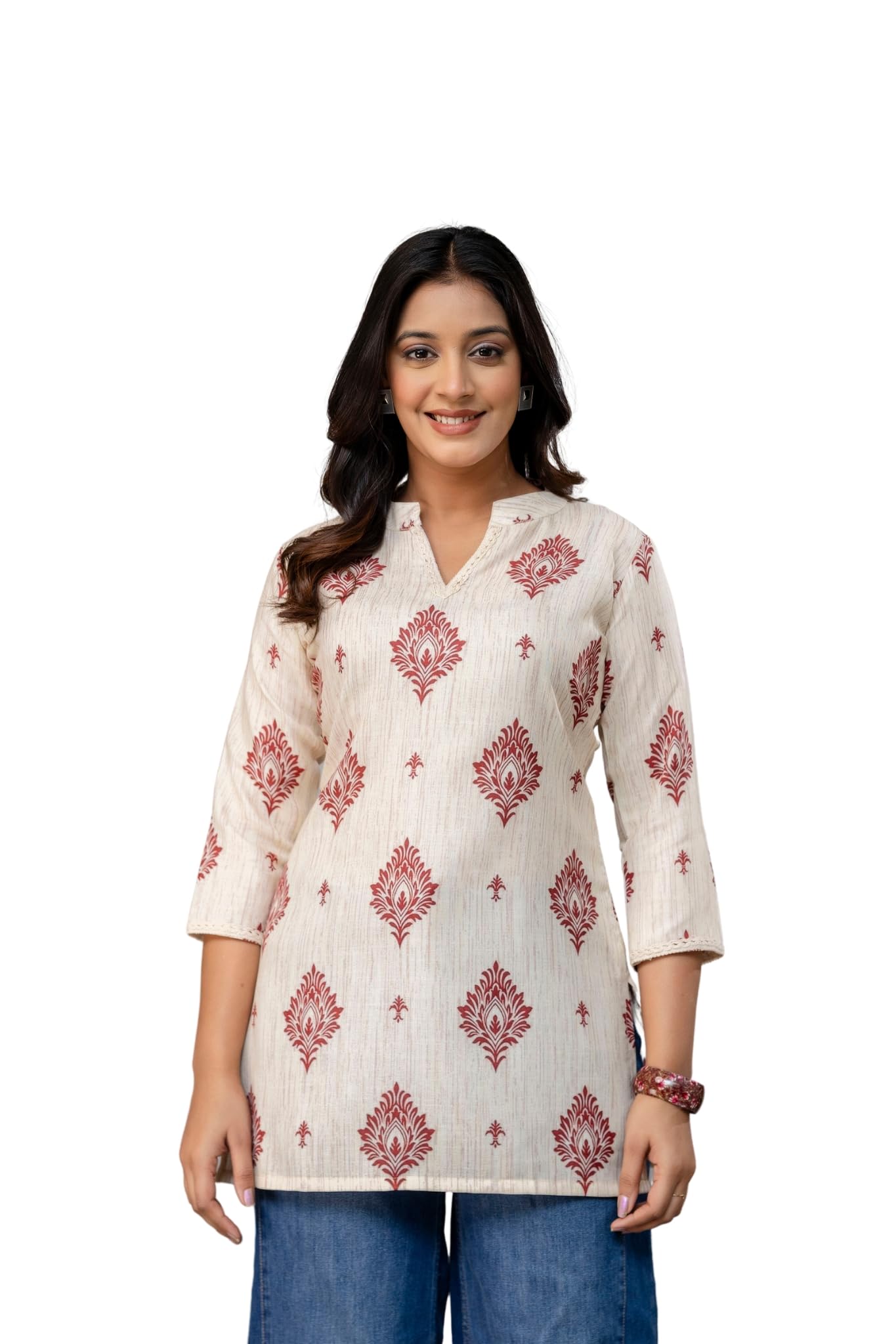 Women's Off-White Printed Tunic Top with Red Floral Motif, V-Neck, 3/4 Sleeve, Short Kurti for Girls-image-45