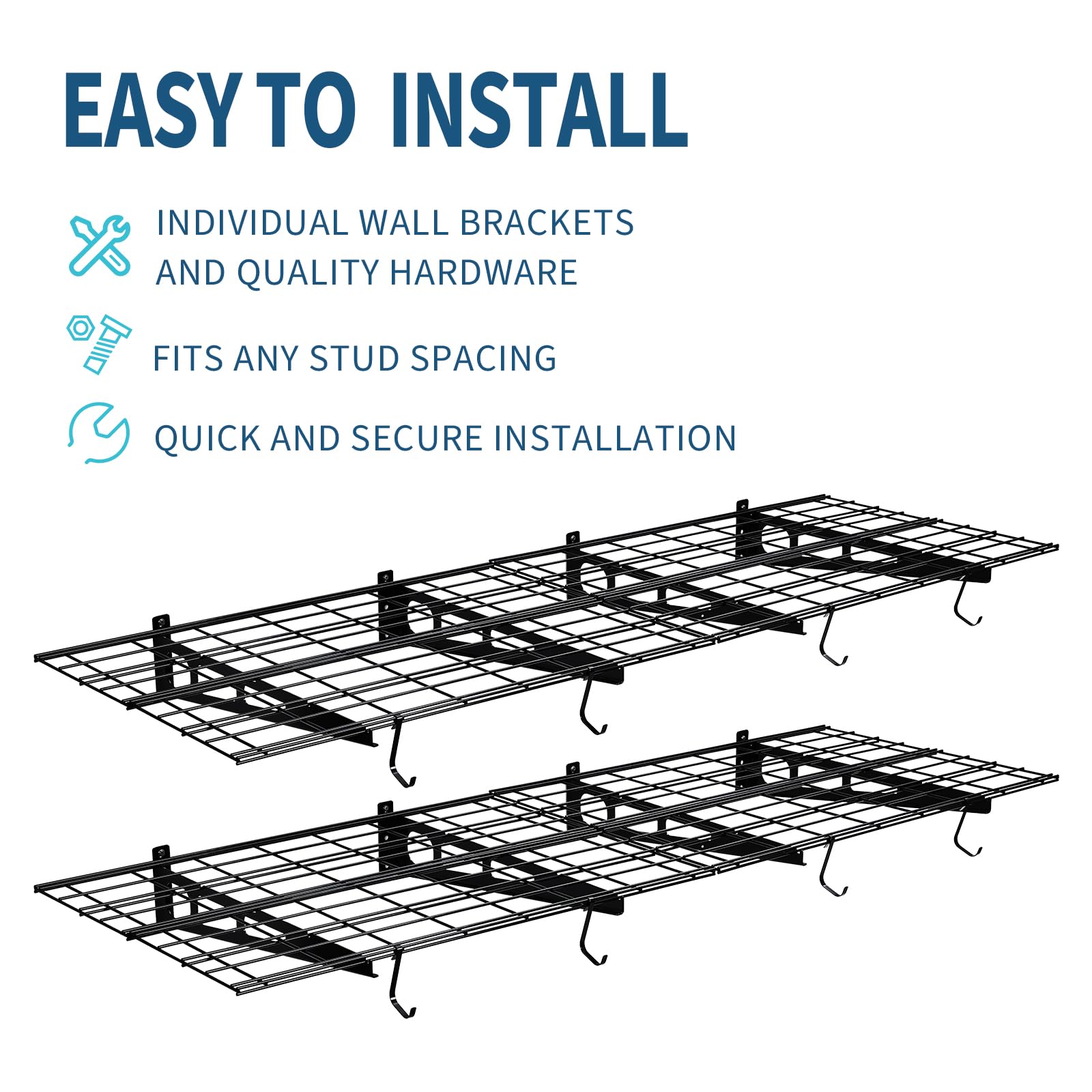Schwerlast Wandregal 2er Set für Garage, Metall-Gitterregal, 400 kg Tragkraft pro Regal, inkl. Haken, Schwebendes Aufbewahrungsregal für Sport- und Werkstattausrüstung, 182 x 60cm, Schwarz