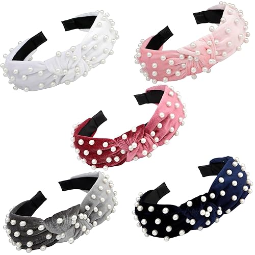 VELSCRUN Diadema de perlas para mujer, color negro, blanco, rosa, rojo, anudada, diadema con cuentas antideslizantes y anchas, bandas de terciopelo