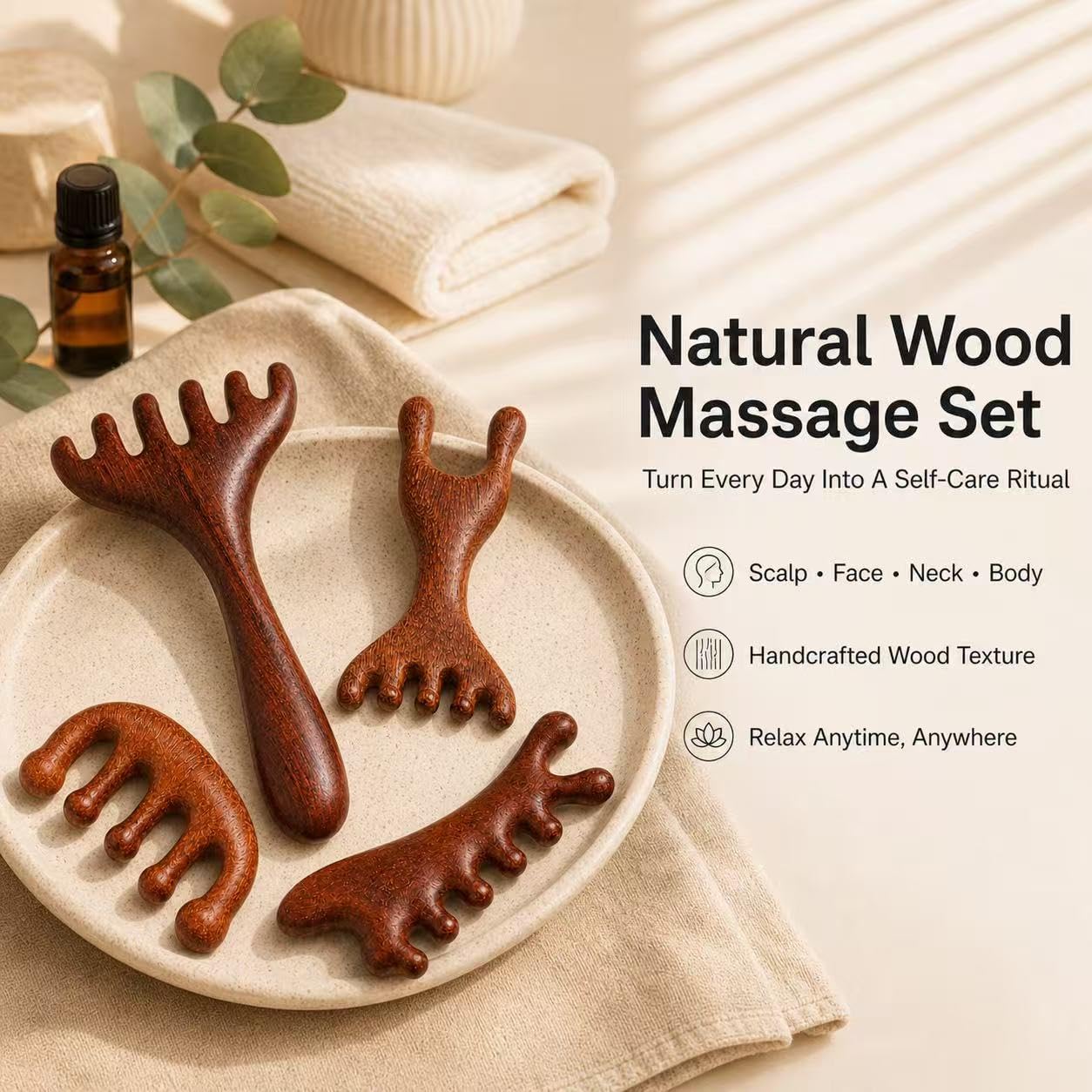 4PCS Peignes de Massage, Peignes en Bois Naturel Dents Larges Antistatiques, Brosse pour Cuir Chevelu et Corps, Outil Relaxant Ergonomique pour Cheveux, Cou, Épaules, Homme et Femme