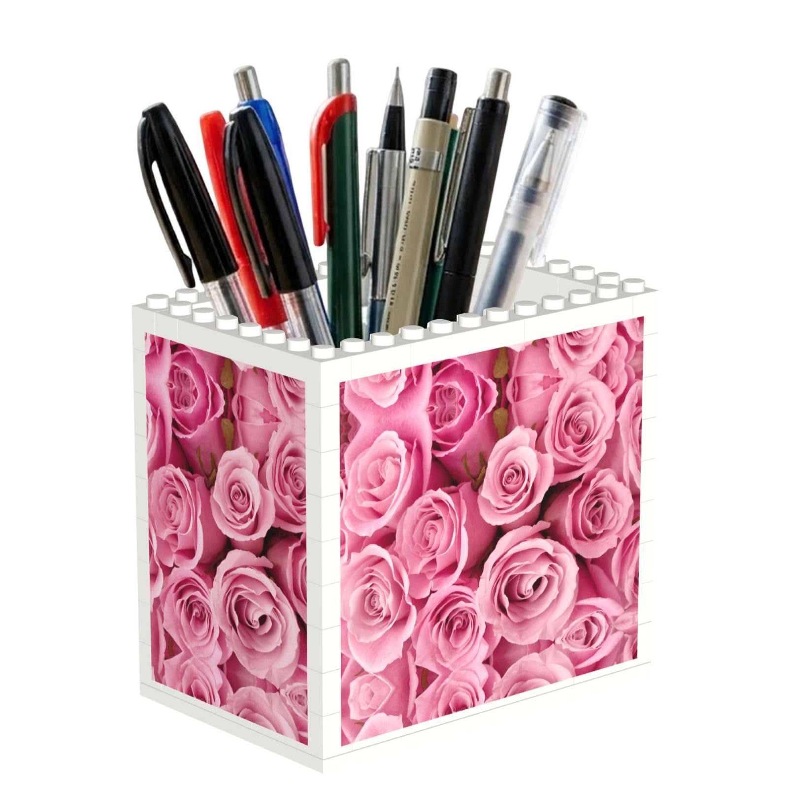 SATUSA Rose Print Building Block Texture Pen Holder - Pencil Holder For Desk Pen Organizer,Aesthetic Desk Accessories For Women(1pcs)