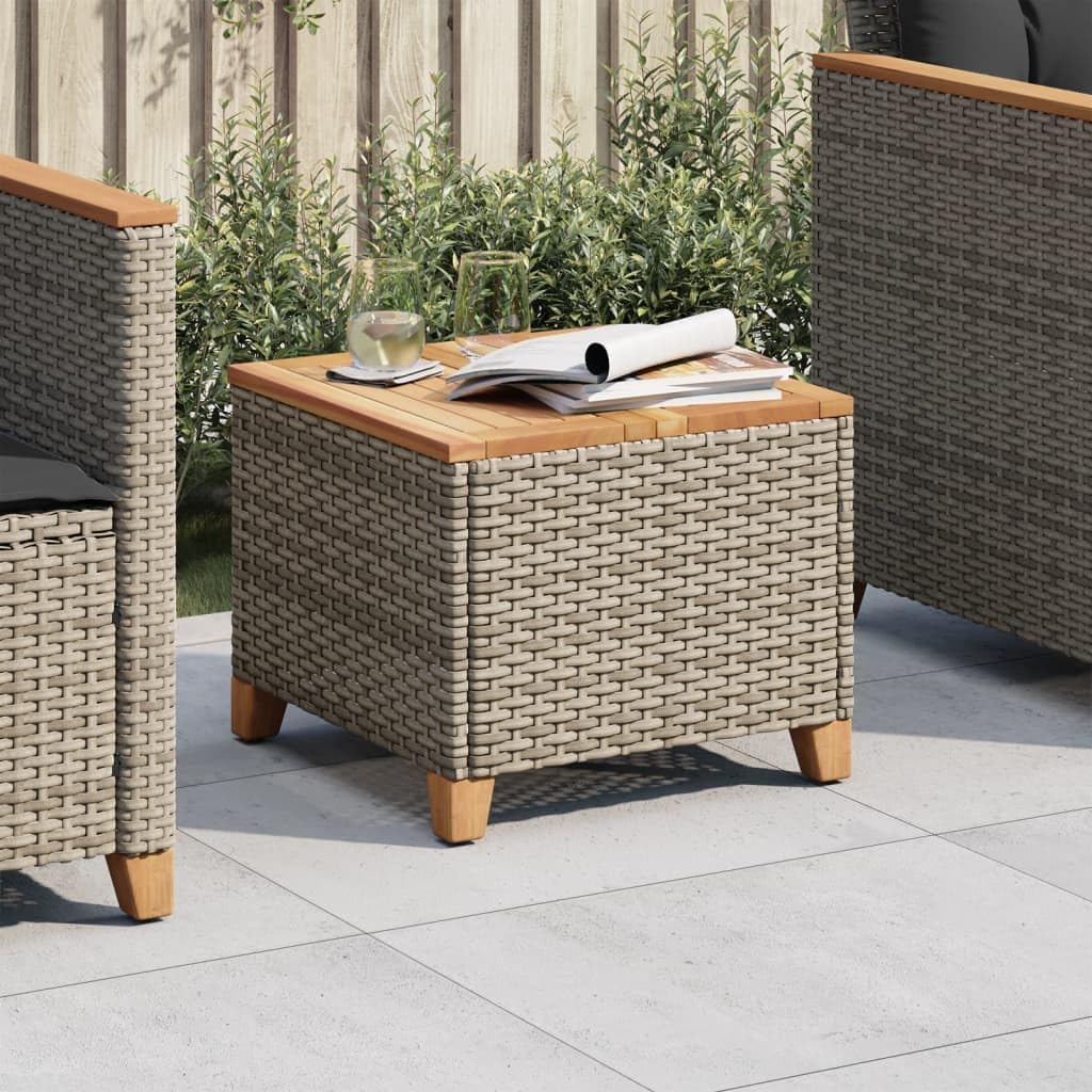 Patio Garden Table with Wood Top, Garden Small Coffee Table, Side Tea Table, Gray 17.7"x17.7"x14.6" Poly Rattan Acacia Wood,-94