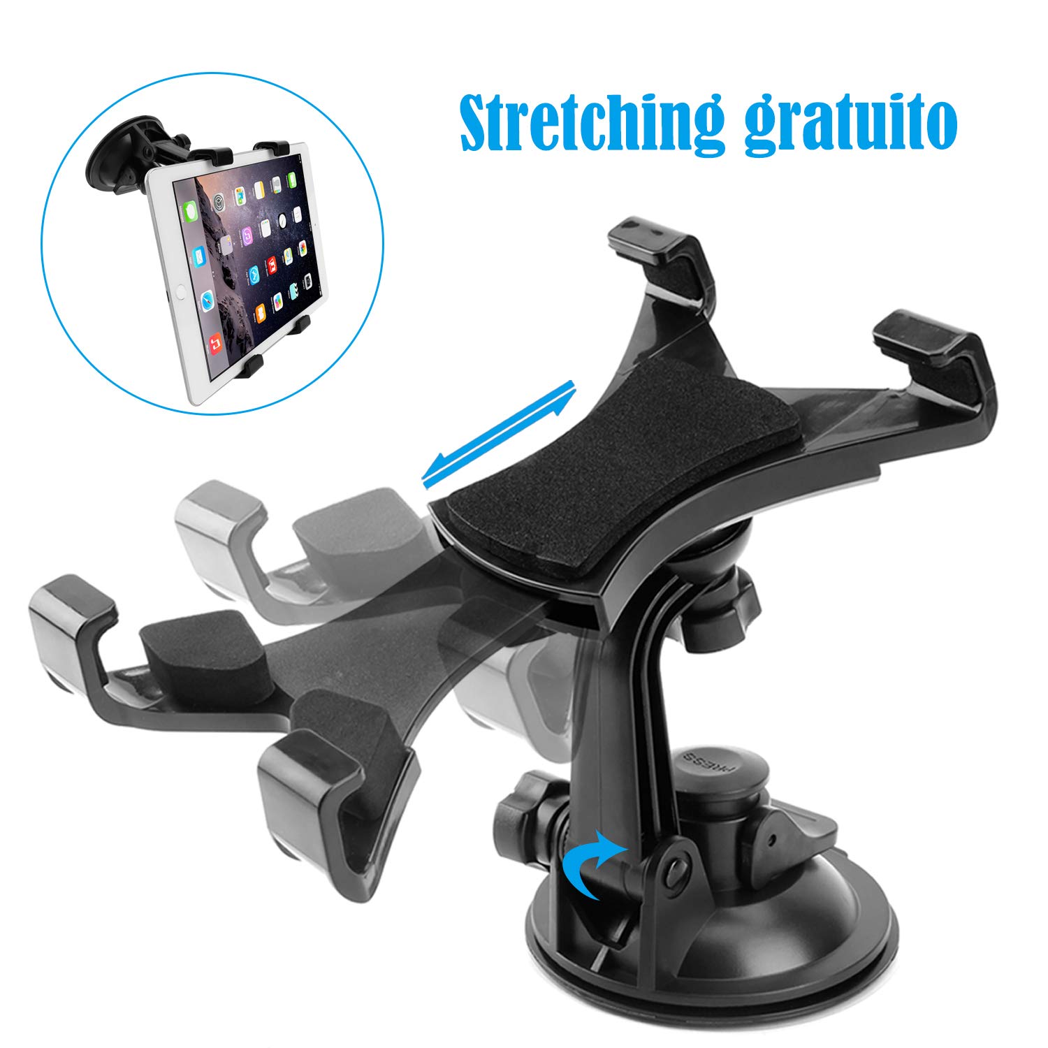 Soporte para tablet de coche, ajustable a 360 grados con fuerte ventosa para parabrisas salpicadero de 7 a 10,5 pulgadas