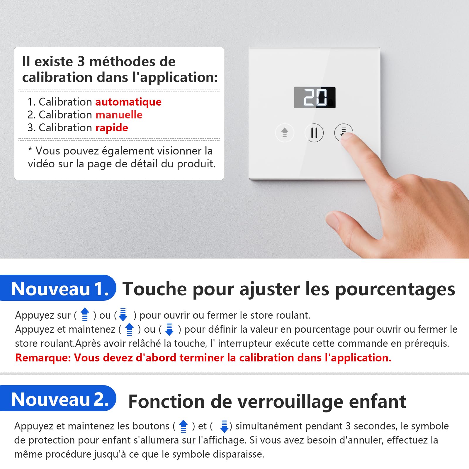 Interrupteur Volet Roulant Connecté, 80 * 80 mm Interrupteur Tactile de Stores Compatible avec Alexa/Google Home, Équipé un Écran LCD en Pourcentage Contôle à Distance (Fil Neutre Requis)