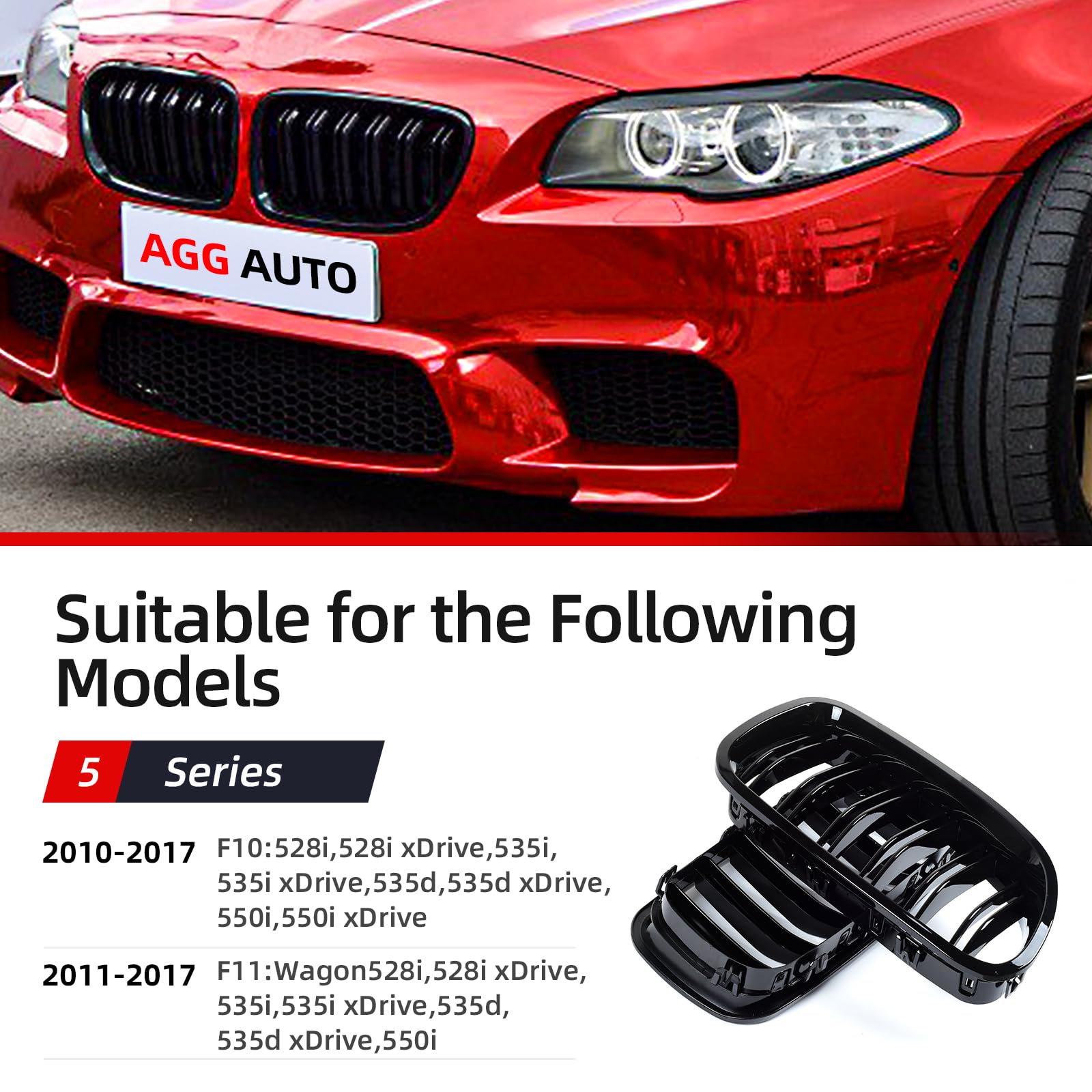 AggAuto Rejilla radiador negro brillante para BMW Serie 5 F10/F11 2010-2016 | 6 barras dobles riñones delanteros, material ABS resistente, instalación sencilla, compatible F10 F11