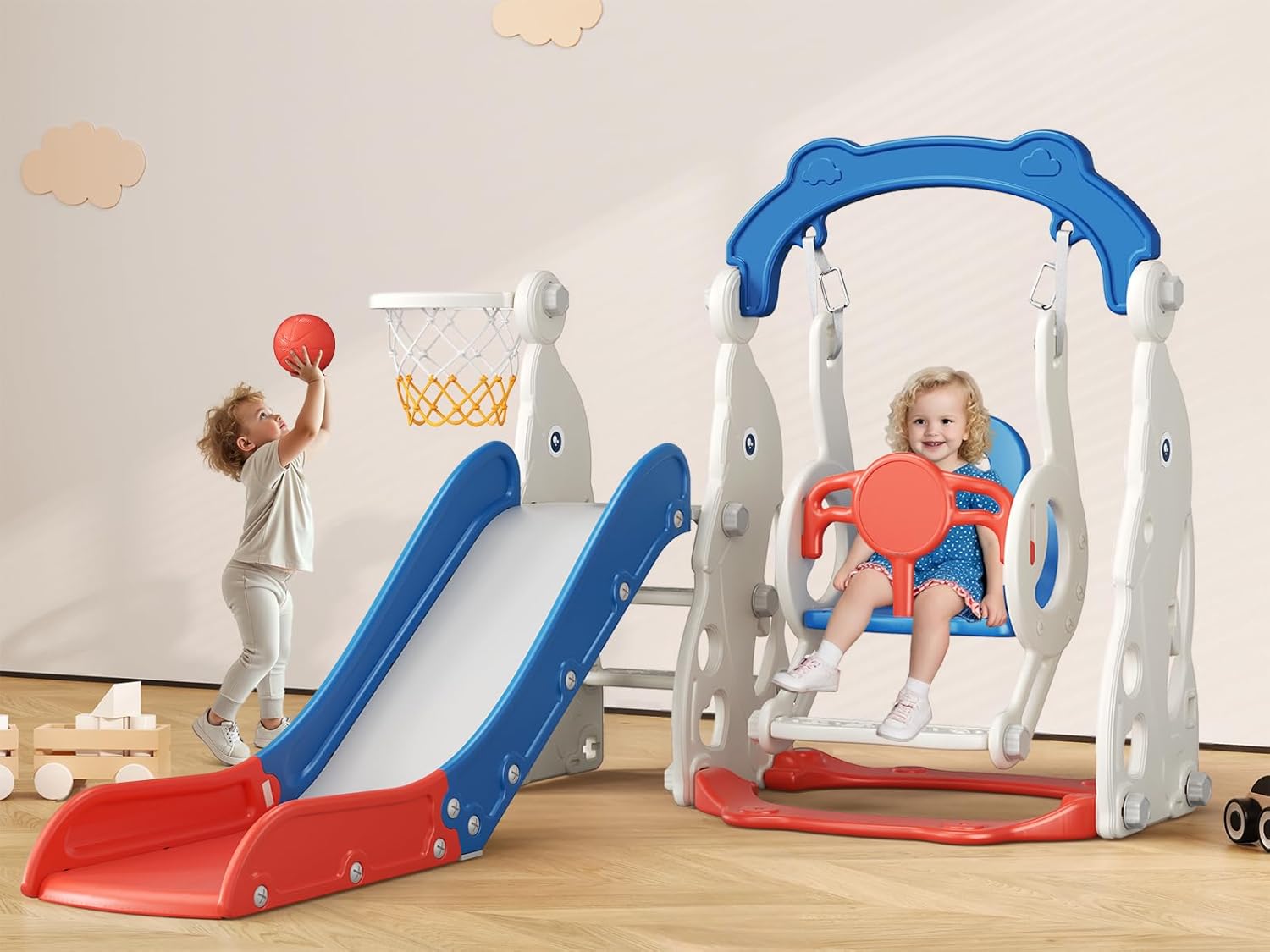 Toddler Slide, 4 in 1 Toddler Playset - Upgrade with Kids Slide, Swing, Basketball Hoop and Storage Space for Age 1-3, Indoor and Outdoor Playground (Blue)