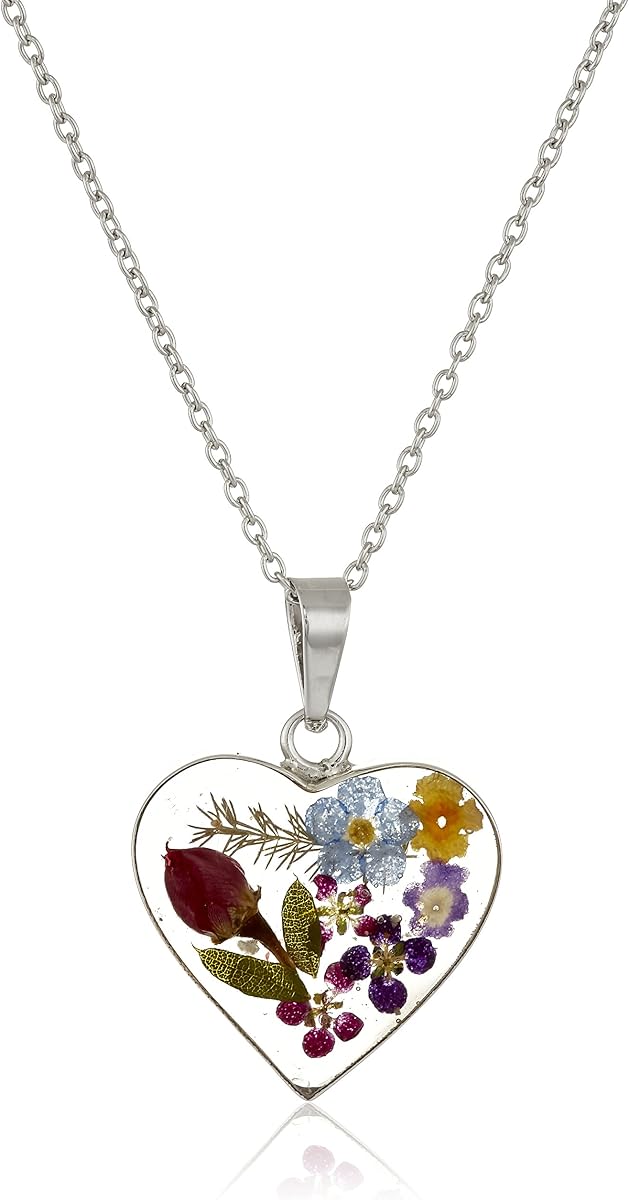 Sterling Silver Pressed Flower Heart Pendant Necklace
