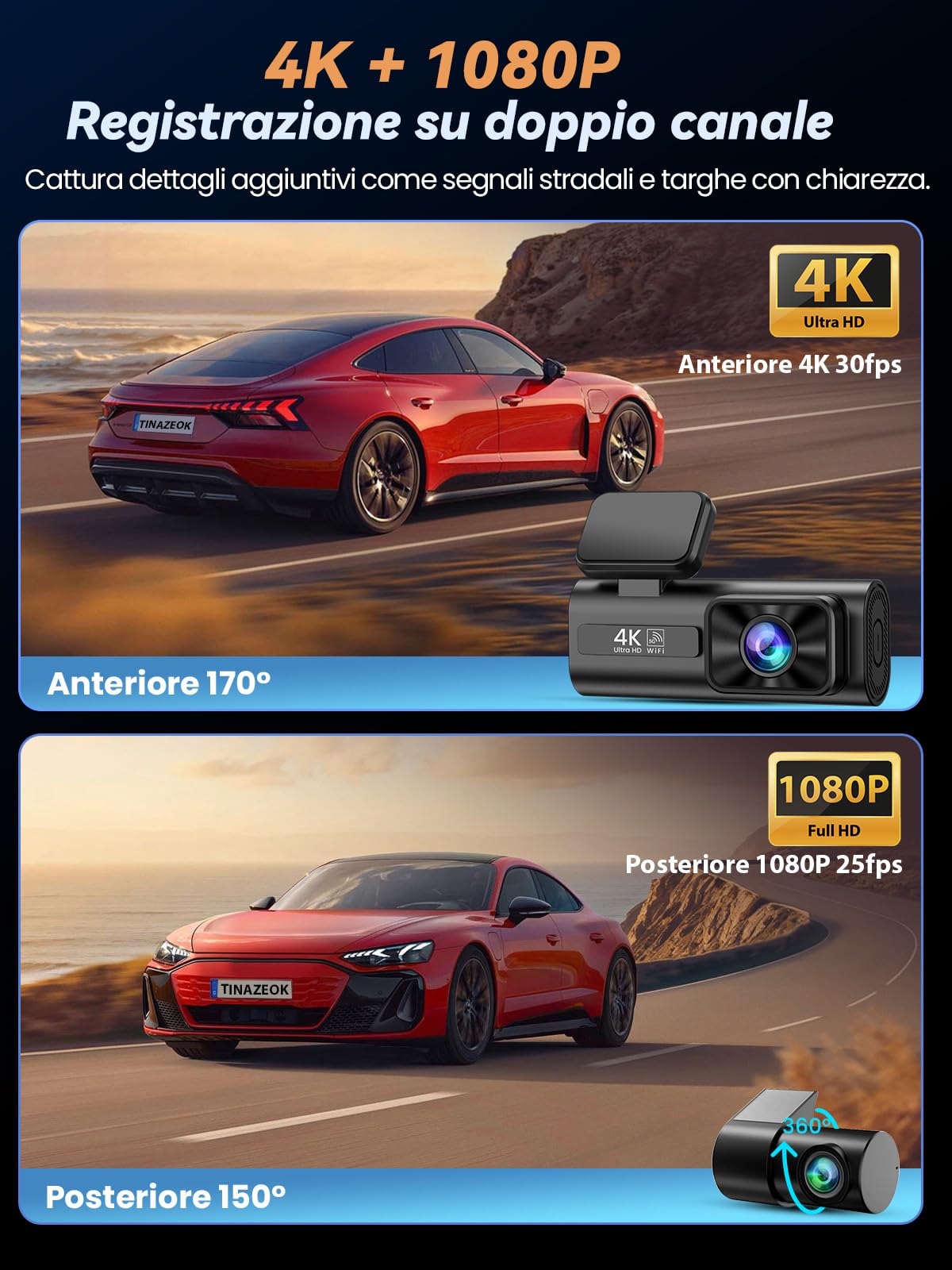 C3 Dash Cam Auto 4K+1080P, Telecamera Anteriore e Posteriore, Dashcam Auto con SD 64GB, Wi-Fi 5GHz Controllo tramite App, Visione Notturna, Parcheggio 24H, Sensore G, WDR, 170° Grandangolo
