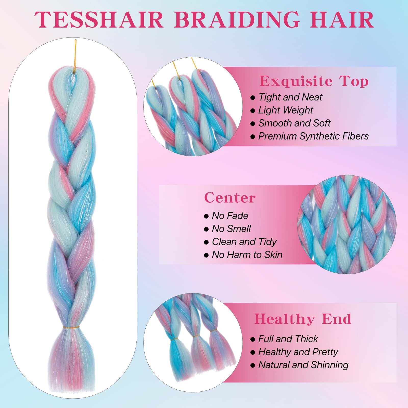 tesshair Braiding Hair Extensions 24 Inch Jumbo Braiding for Twist Braiding Synthetic Fashion Braids Extensions Hair Natural Braid Extensions for Women Grils (Pink mix Sky Blue - Image 4