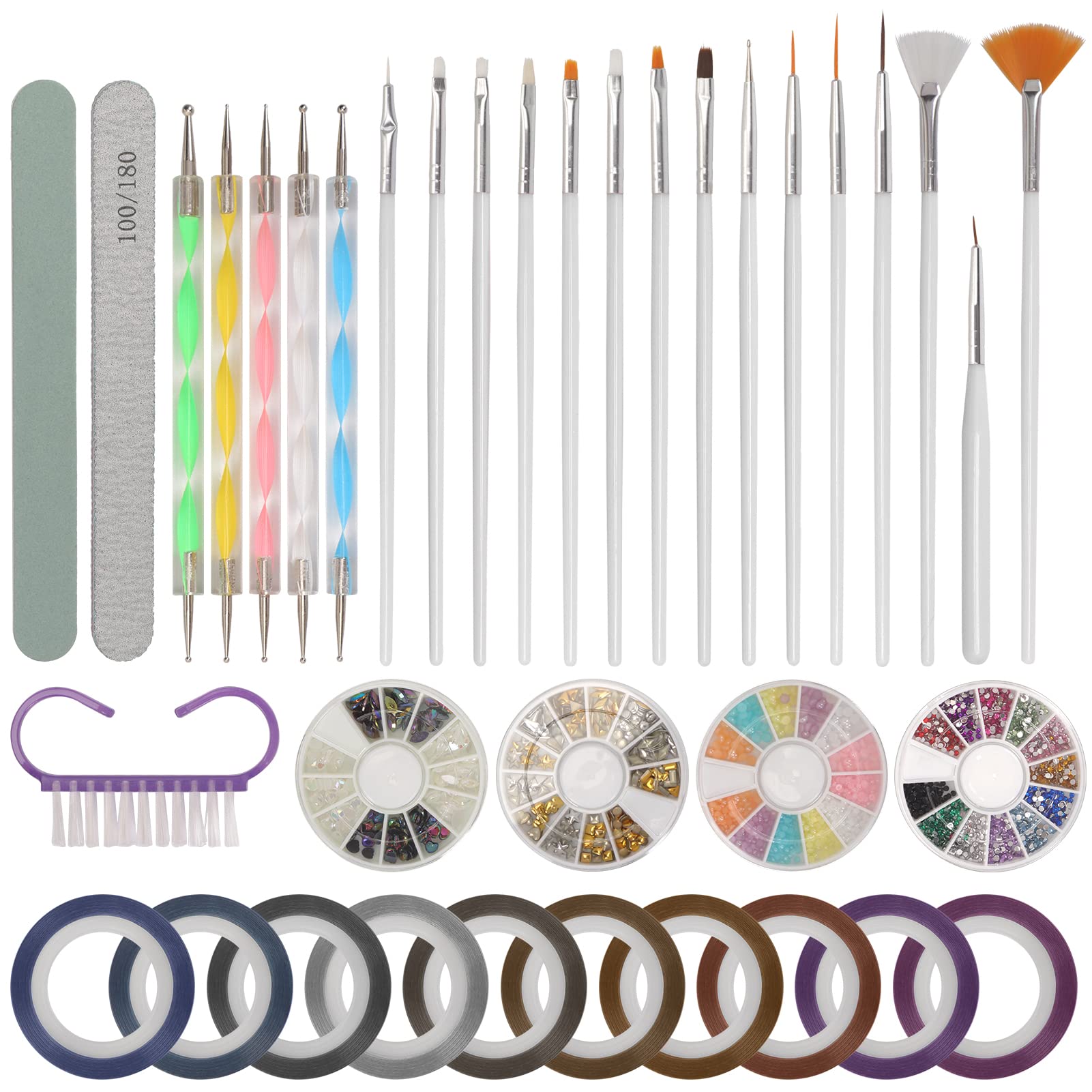 Unaone Nail Art Tools Kit [37 Pieces], Nail Art Accessories Decoration Kits with Rhinestone Decoration Nail Art Brushes Dotting Pen Nail File Tools for Nails Beauty Manicure DIY