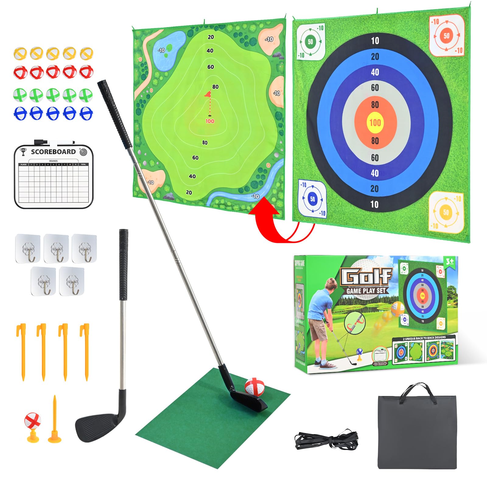 Double-sided Golf Battle Play Set for Kids & Adult, Includes Extendable Golfclub, Hitting Mat, 20 Balls & Scoreboard for Adults Kids Outdoor & Indoor Family Fun Golf Skills Training Gift