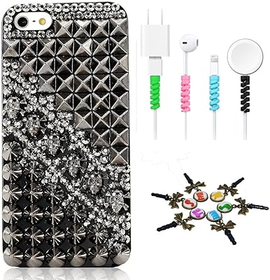 STENES Bling Case Compatible iPhone 11 - Stylish - 3D Handmade [Sparkle Series] Punk Silver Skull Rivet Design Cover with Cable Protector [4 Pack] - Black