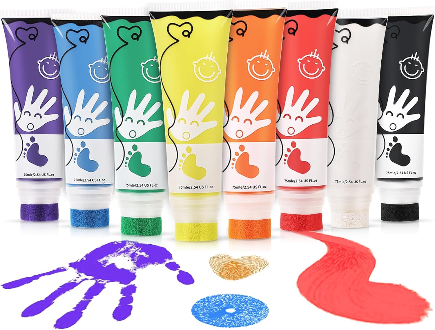 washable finger paint for toddlers, 8 colors large capacity (2.54fl oz) with sponge tip, non-toxic baby safe paint for hand and feet, art supplies, preschool learning gifts, ages 1-3 4 5 6+ 2.54 fl oz (pack of 8) with sponge tip
