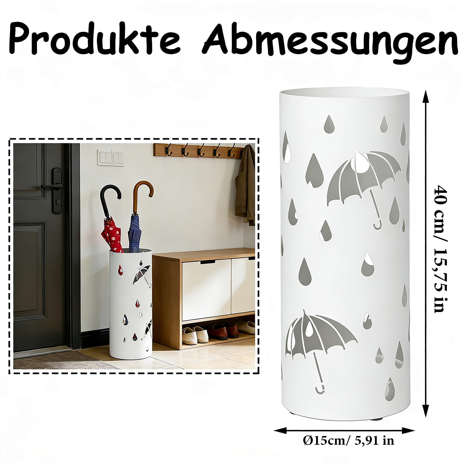 Portaombrelli Rotondo, Ø15 x 40 cm, 1 Pezzo Portaombrelli in Metallo, Porta Ombrello in Metallo All'ingresso, Supporto per Ombrelli in Piedi Cavi, per Casa, Hotel e Ufficio(Bianco)