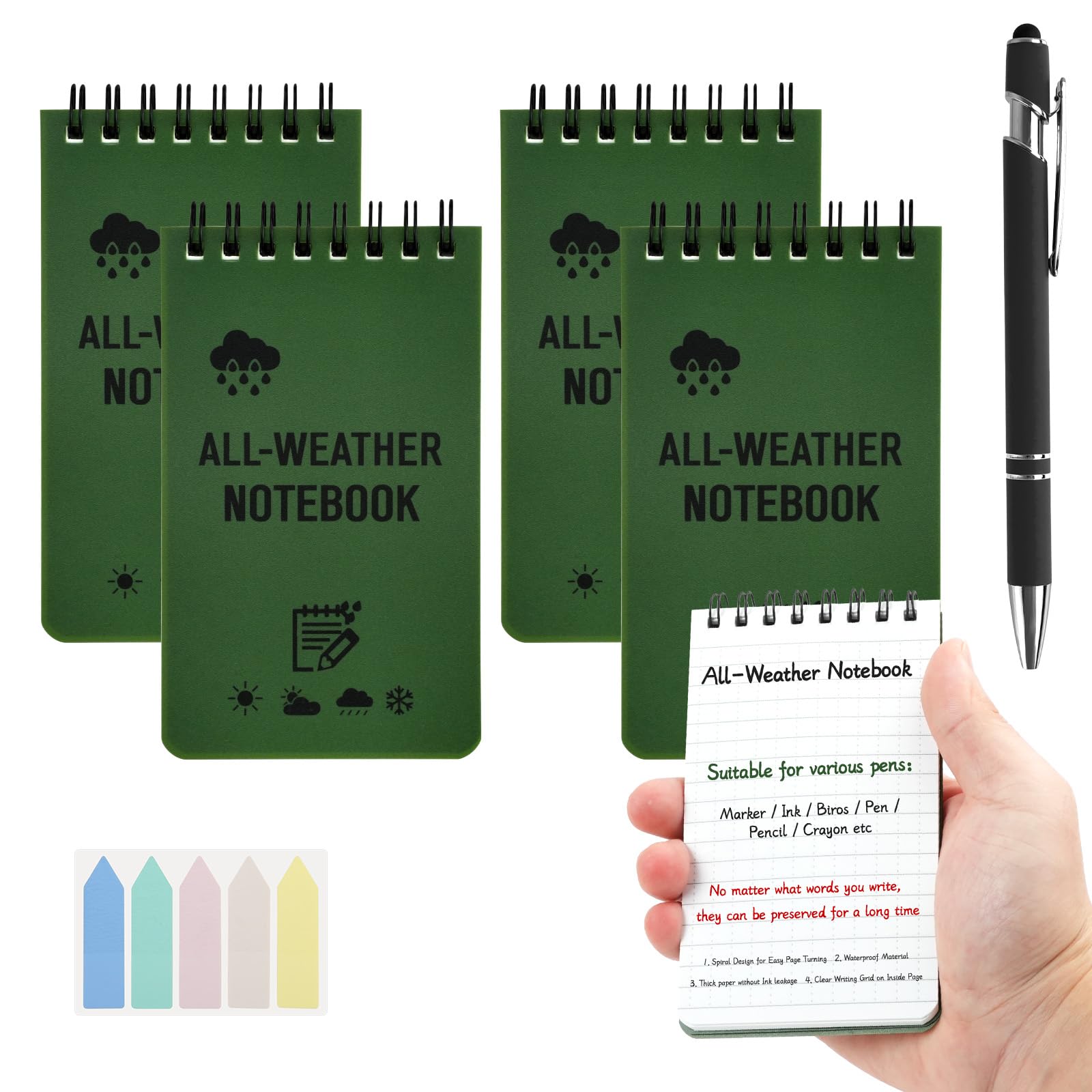4 Stück Wasserdichte Notizblock, 3 x 5 Zoll Pocket Notizbuch Allwetter Notizblöcke mit Top-Spirale, Taschennotizblock Stift und Indexaufkleber, Field Notes für Aktivitäten im Freien Militär