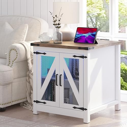 Mesa auxiliar de granja, mesa auxiliar grande de 24 pulgadas con estación de carga, puerta de granero de malla y estante de almacenamiento