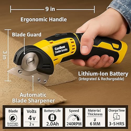 Miniatura 2 de Cortador giratorio eléctrico inalámbrico – Tijeras recargables de 4 V con bloqueo de seguridad y luz LED, cortador de cajas portátil para tejidos,