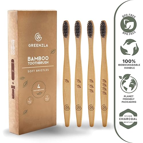 Miniatura 2 de GREENZLA Paquete familiar de cepillos de dientes de bambú | Paquete de 4 cepillos de dientes de viaje para adultos con estuche y hilo dental de
