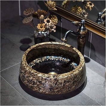 Bathroom Vessel Sink, Antique Vanity Bowl Basin Slivy Rustic Above Counter Porcelain Ceramic Bathroom Countertop Bowl Lavatory Vanity Vessel Sink