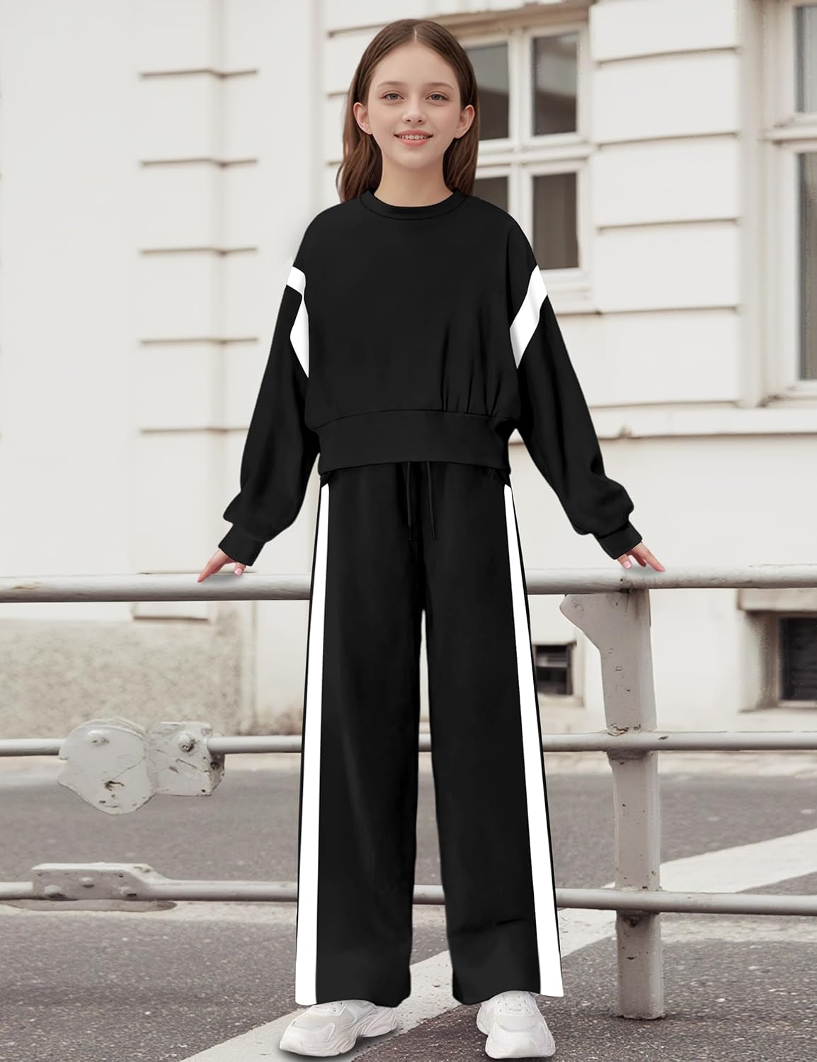 Shallmu Girls Clothes Long Sleeve Stripe Pullover Sweatshirts Top Wide Leg Sweatpants Fall Winter 2 Piece Outfits Sets - Image 4