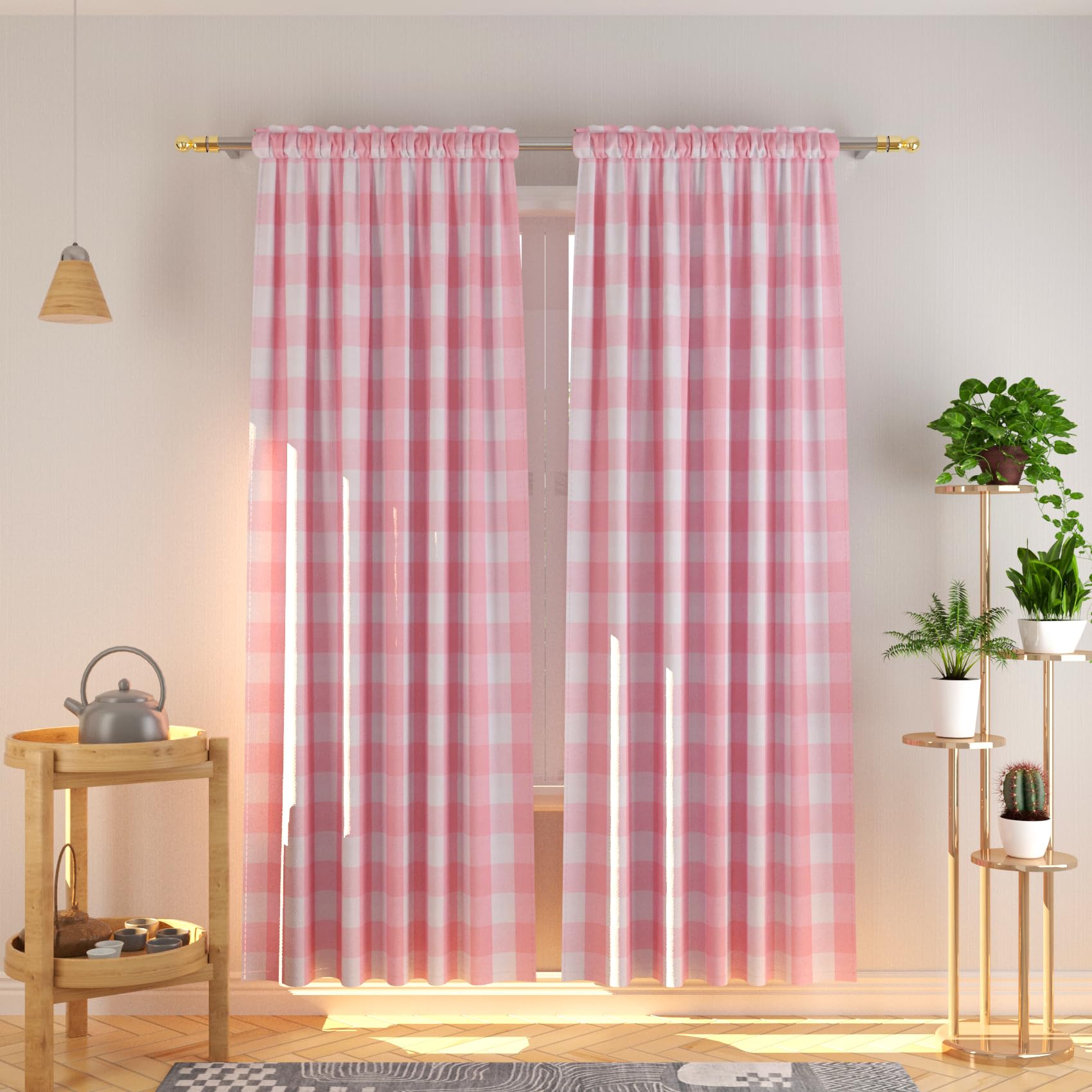 NATUS WEAVER Buffalo Check Cotton Curtains 84 inch Length Kitchen Living Room Bedroom Pink and White Gingham Plaid Window Curtain Panels Basement