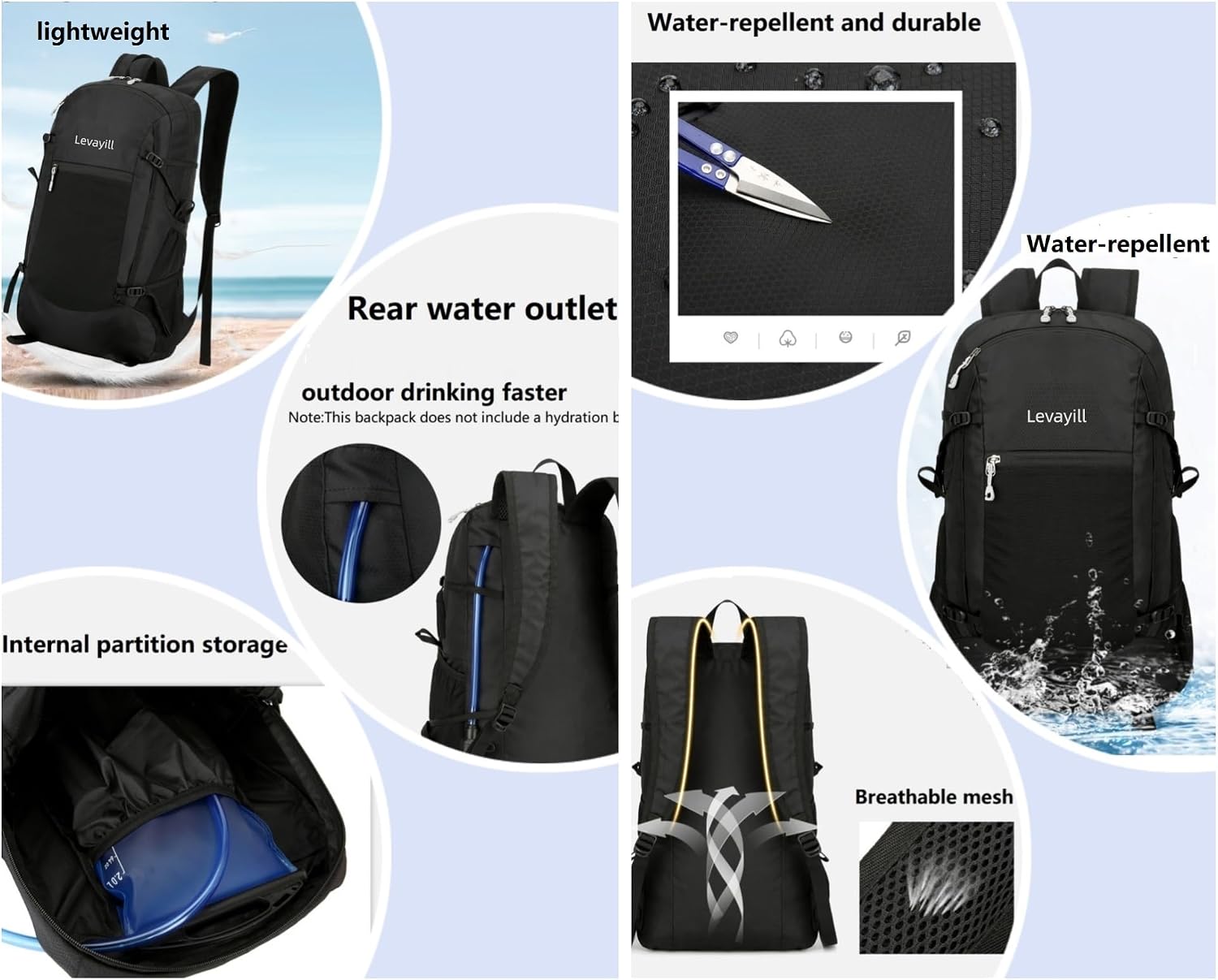 levayhill Lightweight Hiking Foldable Backpack,Packable Daypack, Black image 3