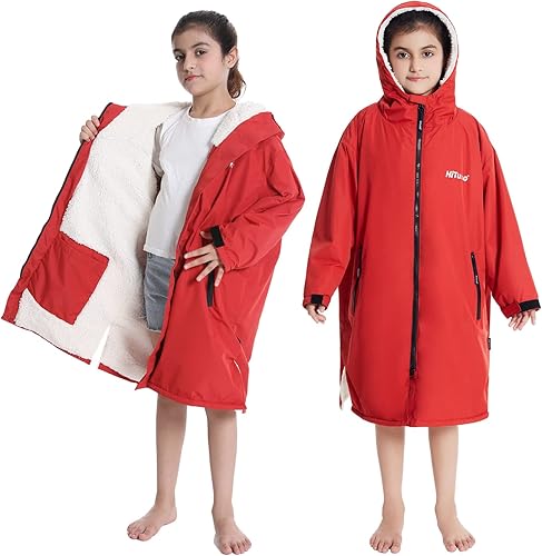 Hiturbo Parka de natación cálida para niños bata impermeable cambiante, abrigo de natación de gran tamaño, poncho de surf con capucha, forro grueso