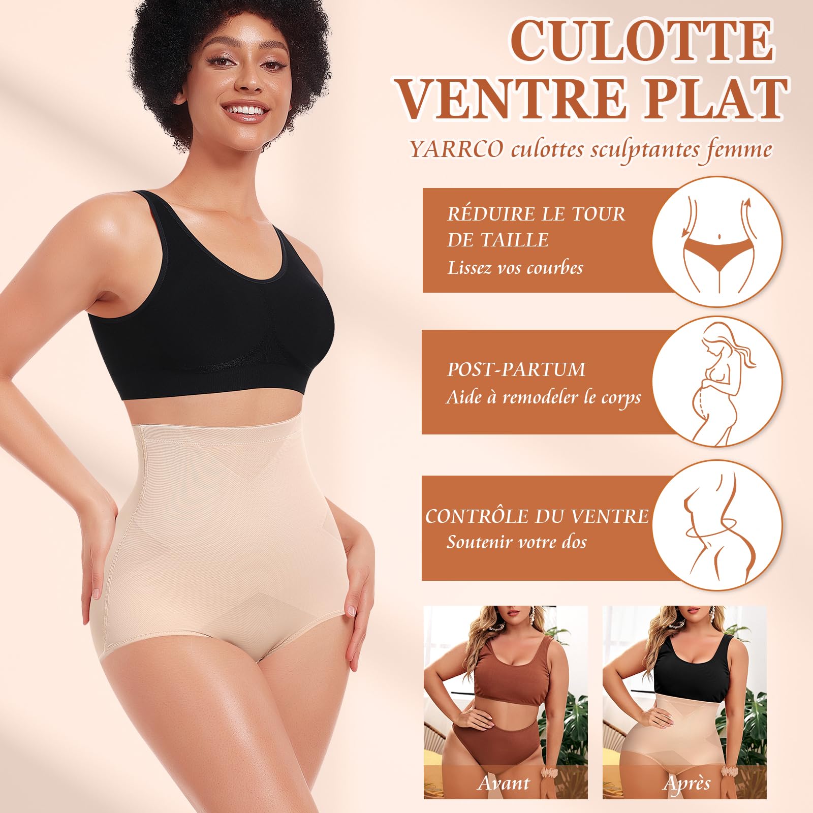 YARRCO Culotte Gainante Femme Ventre Plat Culottes Sculptantes Taille Haute Gaine Amincissante Invisible Panty Gainant Shapewear Slips Minceur Body Shaper