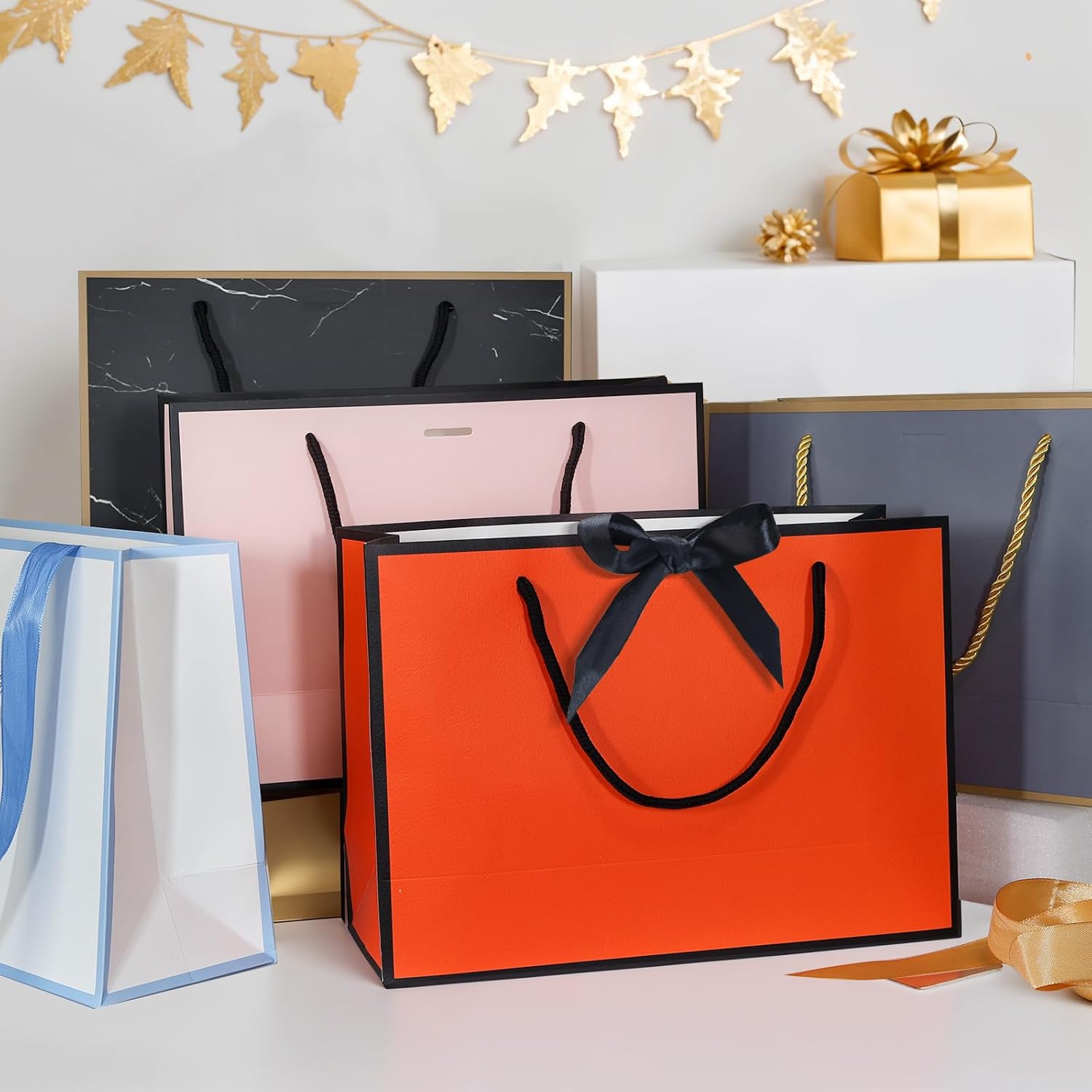 5 | 12 | 25 | 50 Pack Gift Bag with Bow Ribbon Horizontal Paper Gift Bags Bulk for Women Men,with Handles for Birthday Wedding Bridesmaid Party Favor Shopping Retail Gift Sacks (Sky blue, 11x4x8 Inch (Pack of 50))