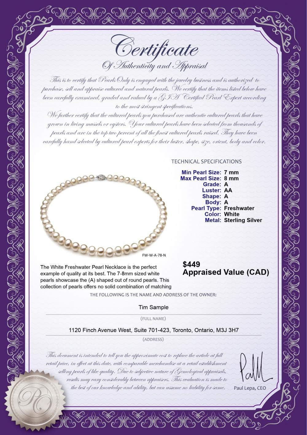 Single White 7-8mm A Quality Freshwater 925 Sterling Silver Cultured Pearl Necklace For Women